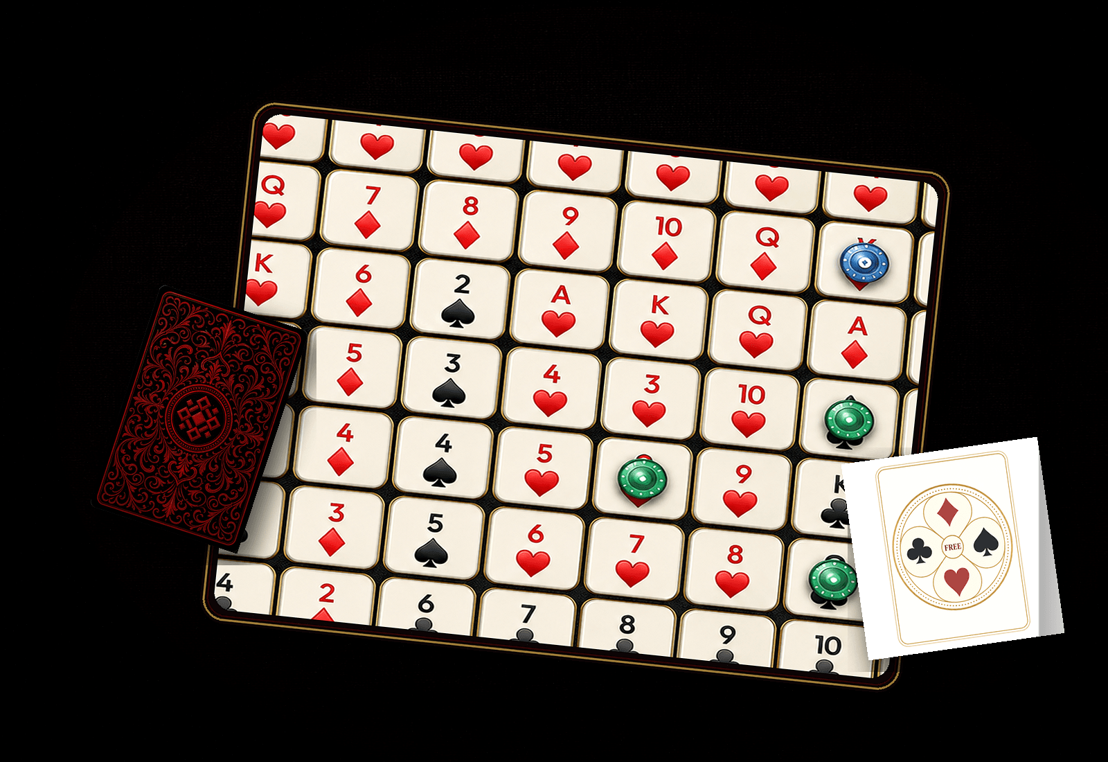 Sequence Rivals chips, free corner, and card on felt